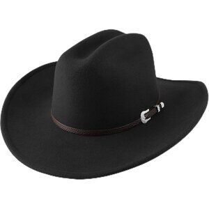 Women's Black Western With Brim Belt Buckle Classic Fedora Cowboy Felt Hat